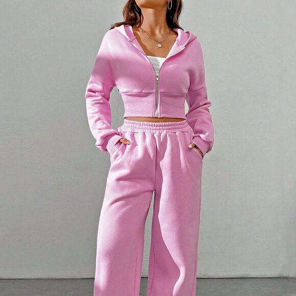 Pink Casual Women's Spring Zip Front Hooded Sweatshirt And Pants Two Piece Set - Picture 5 of 7